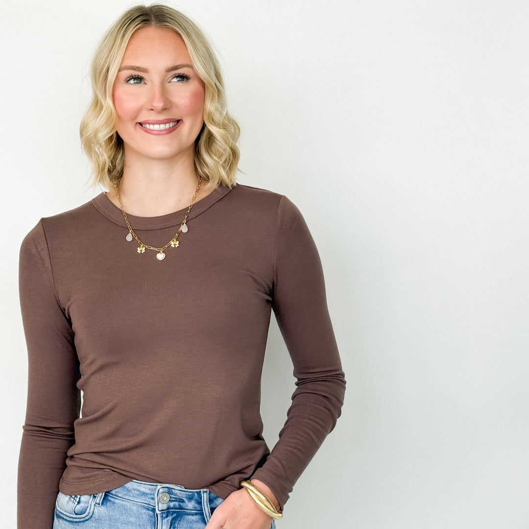 Nova - Round Neck Long Sleeve Knit Top (Brown)