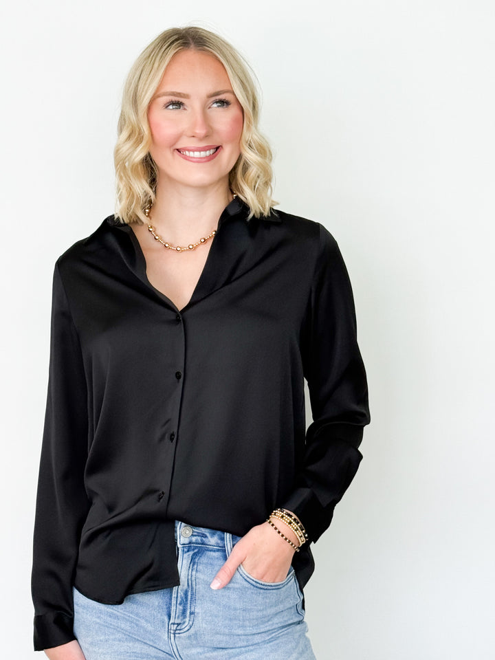 Rita - Satin Button Down Blouse (Black)