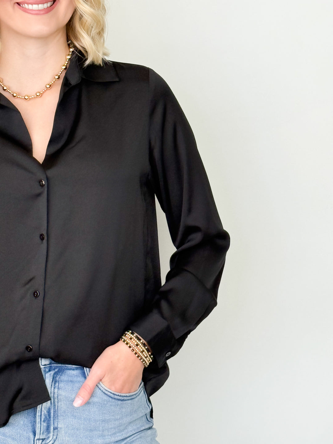 Rita - Satin Button Down Blouse (Black)