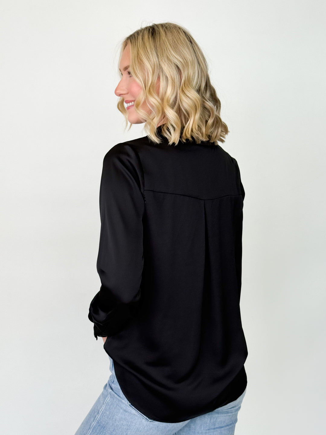 Rita - Satin Button Down Blouse (Black)