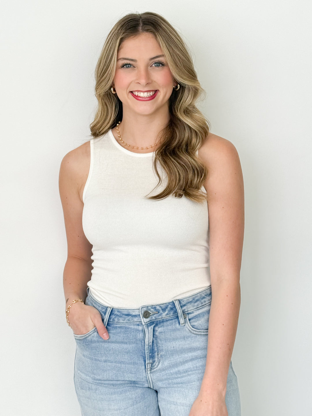 Erika - Ribbed Round Neck Top (White)