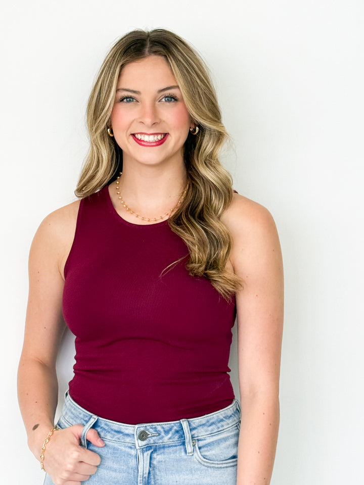 Erika - Ribbed Round Neck Top (Maroon)