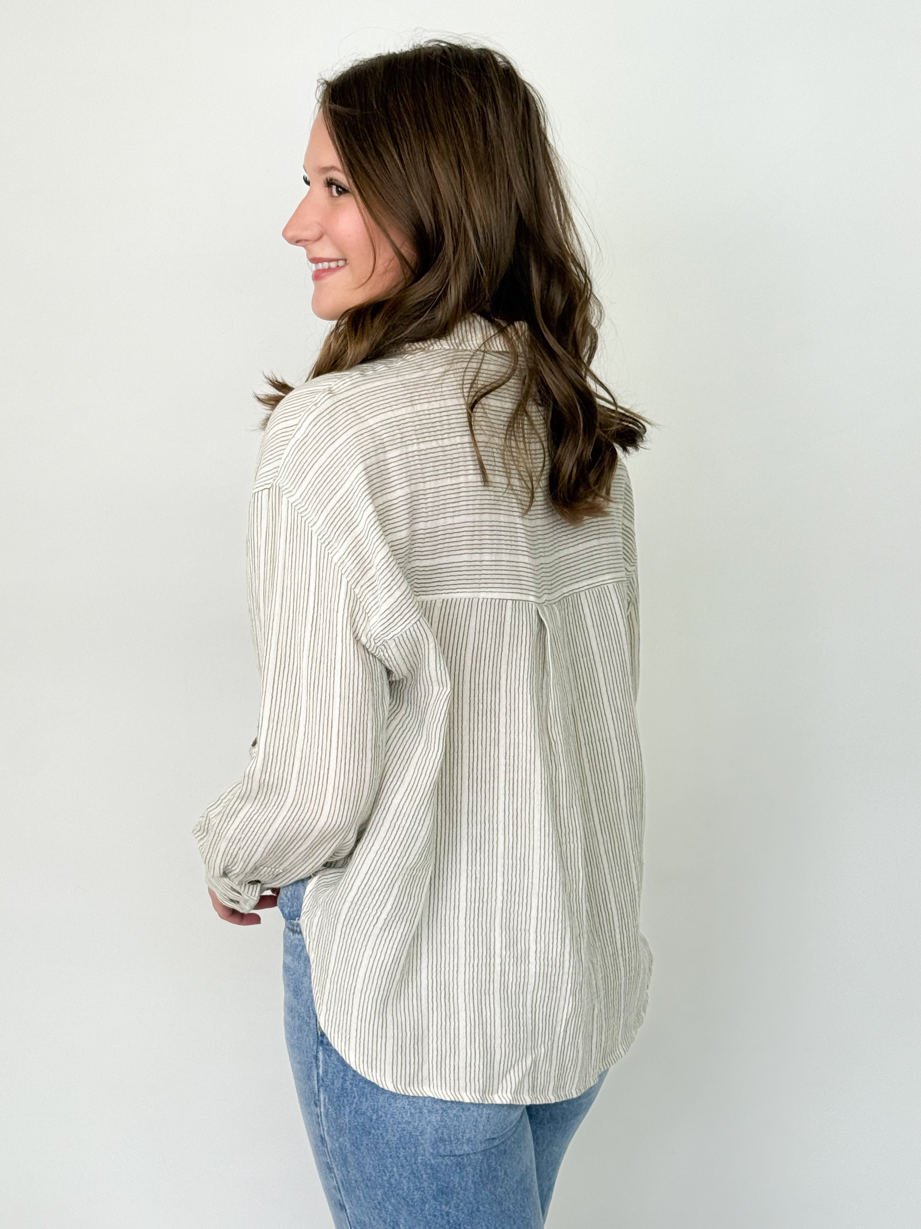 Charli - Striped Gauze Button Up Top (Sage)
