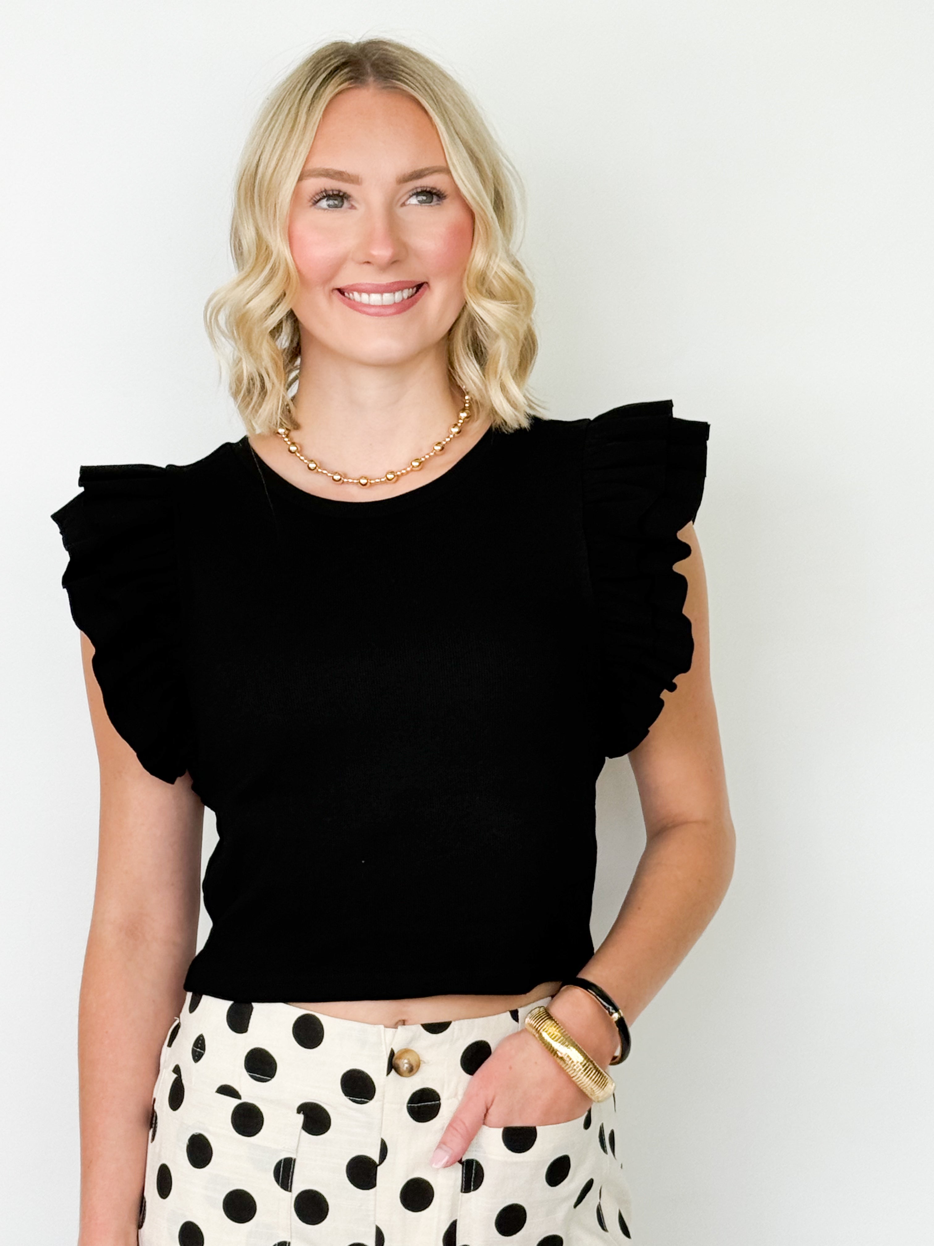 Addy - Ribbed Ruffle Sleeve Top (Black)