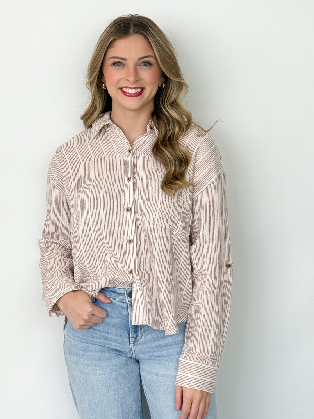 Charli - Striped Gauze Button Up Top (Amber)