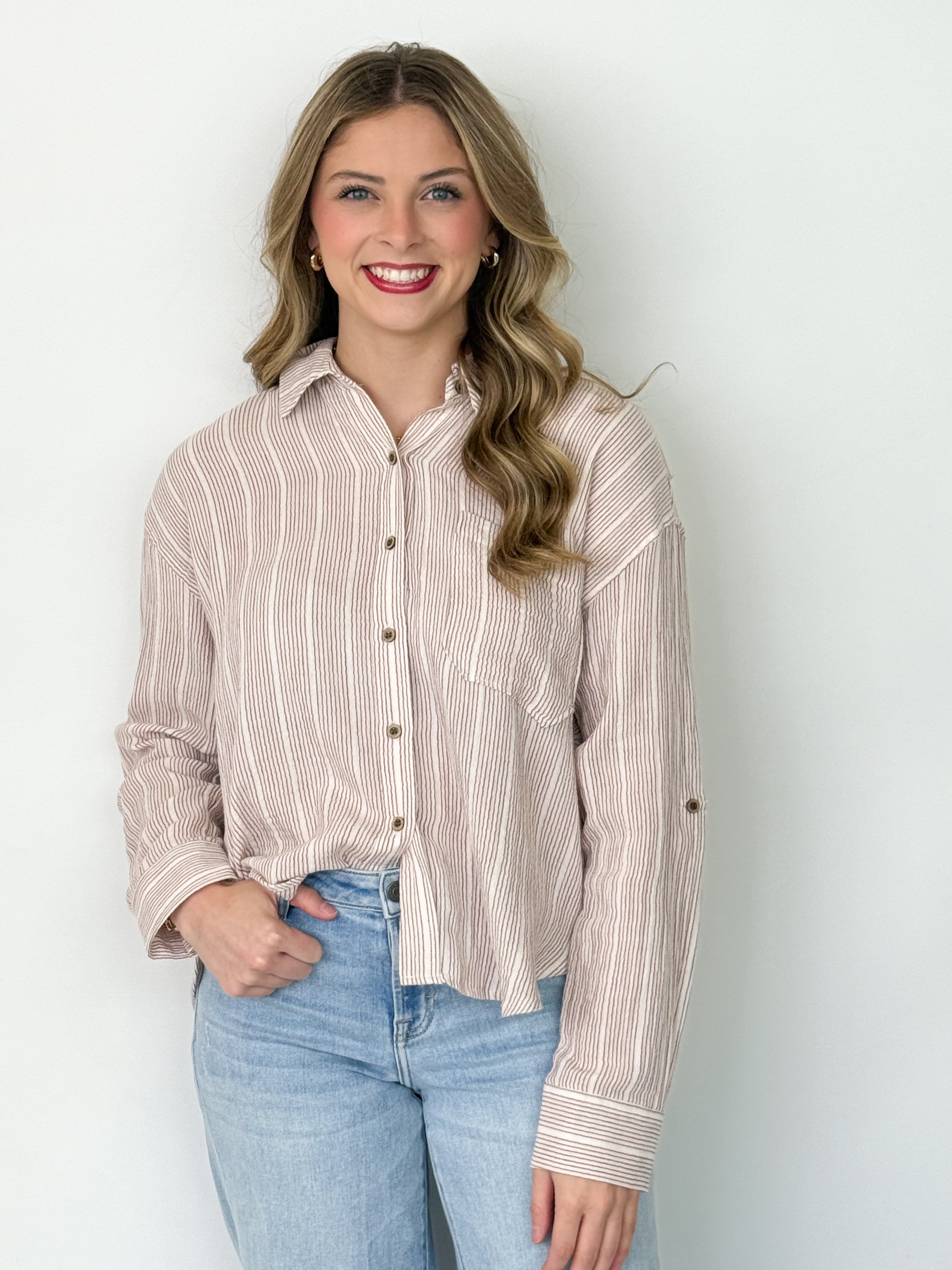 Charli - Striped Gauze Button Up Top (Amber)