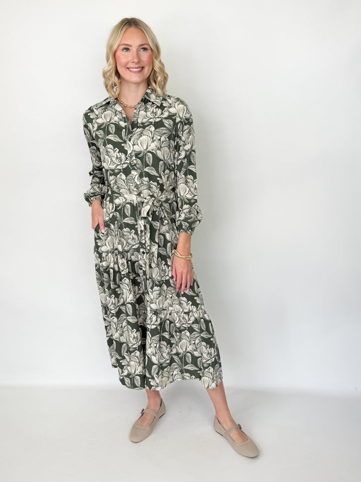 Ellie - Olive Long Sleeve Printed Midi Dress