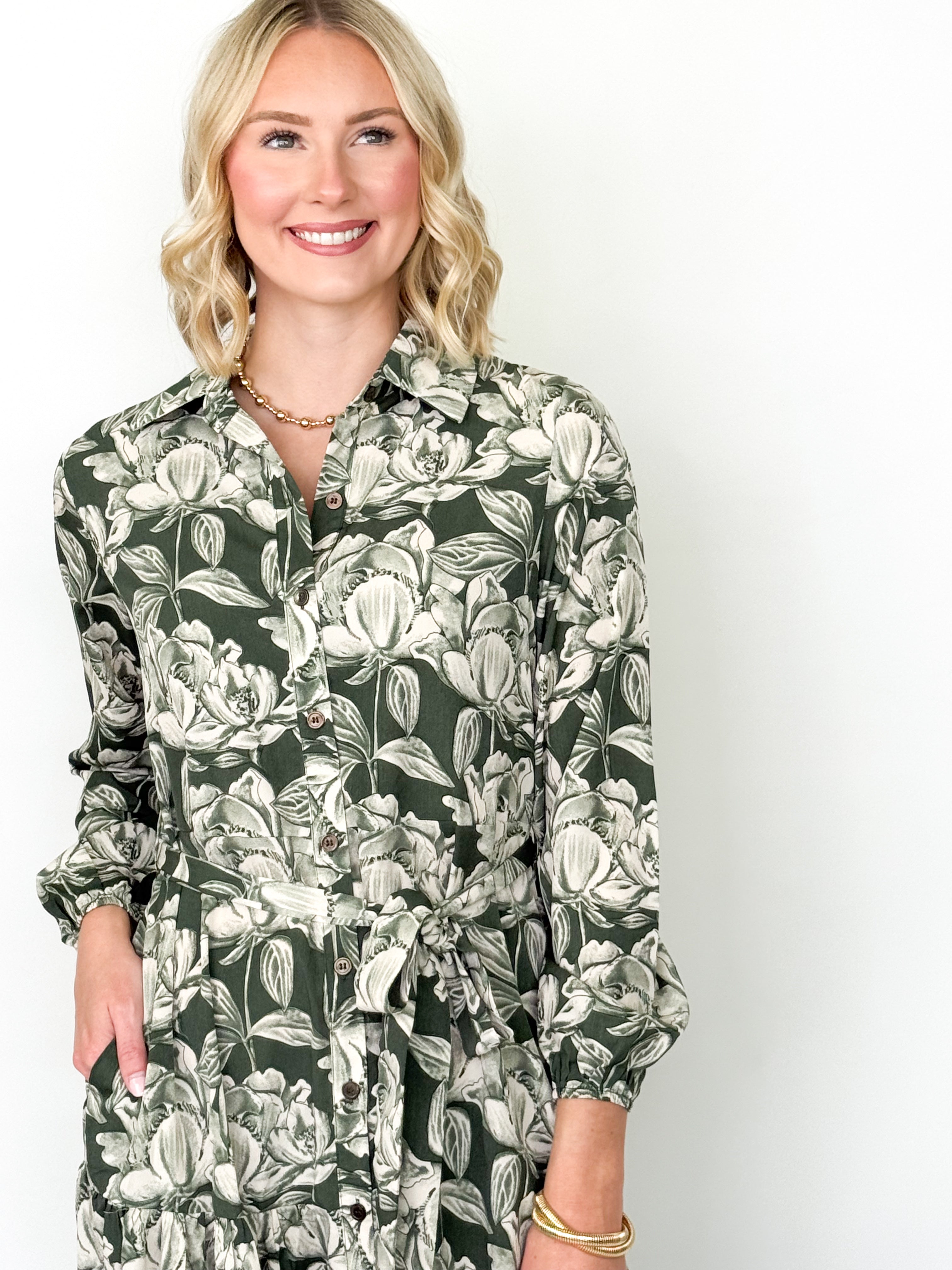 Ellie - Olive Long Sleeve Printed Midi Dress