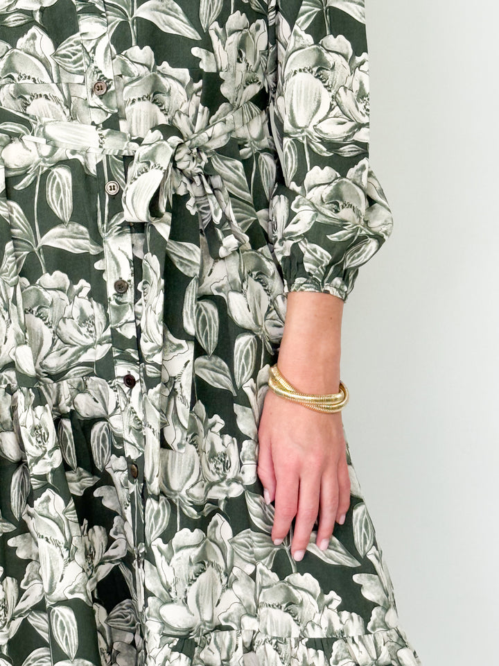 Ellie - Olive Long Sleeve Printed Midi Dress