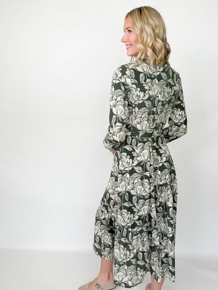 Ellie - Olive Long Sleeve Printed Midi Dress