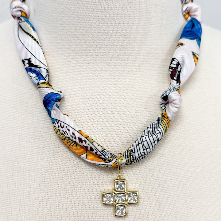 Gemelli - Rhinestone Block Cross Multi-Colored Knotted Scarf Necklace