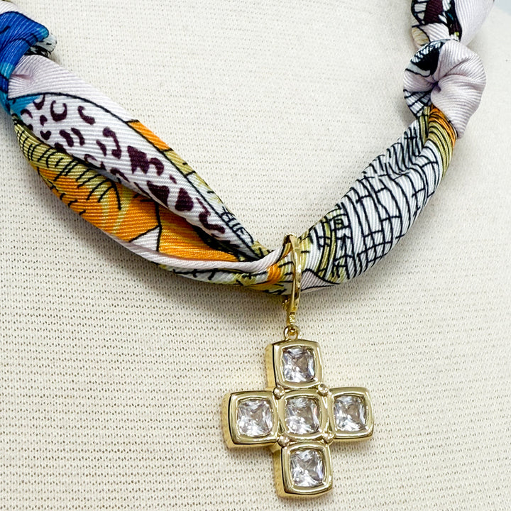 Gemelli - Rhinestone Block Cross Multi-Colored Knotted Scarf Necklace
