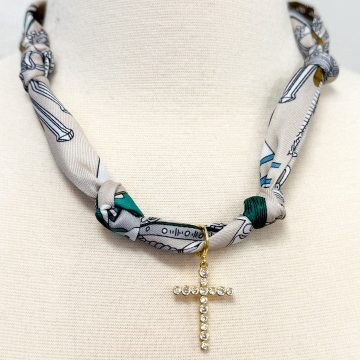Gemelli - Rhinestone Cross Green Knotted Scarf Necklace