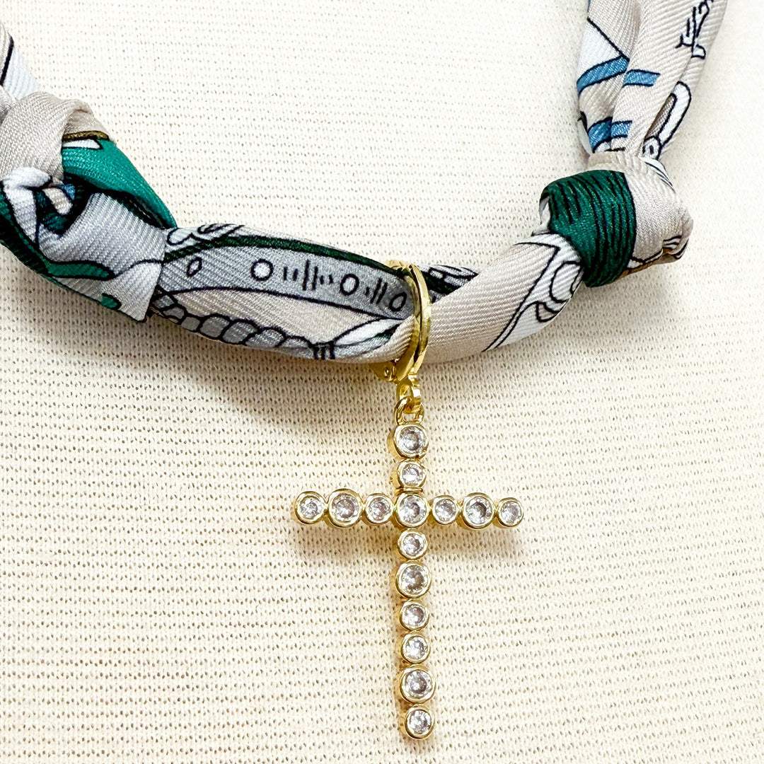 Gemelli - Rhinestone Cross Green Knotted Scarf Necklace