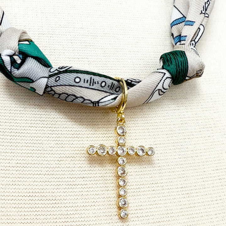 Gemelli - Rhinestone Cross Green Knotted Scarf Necklace