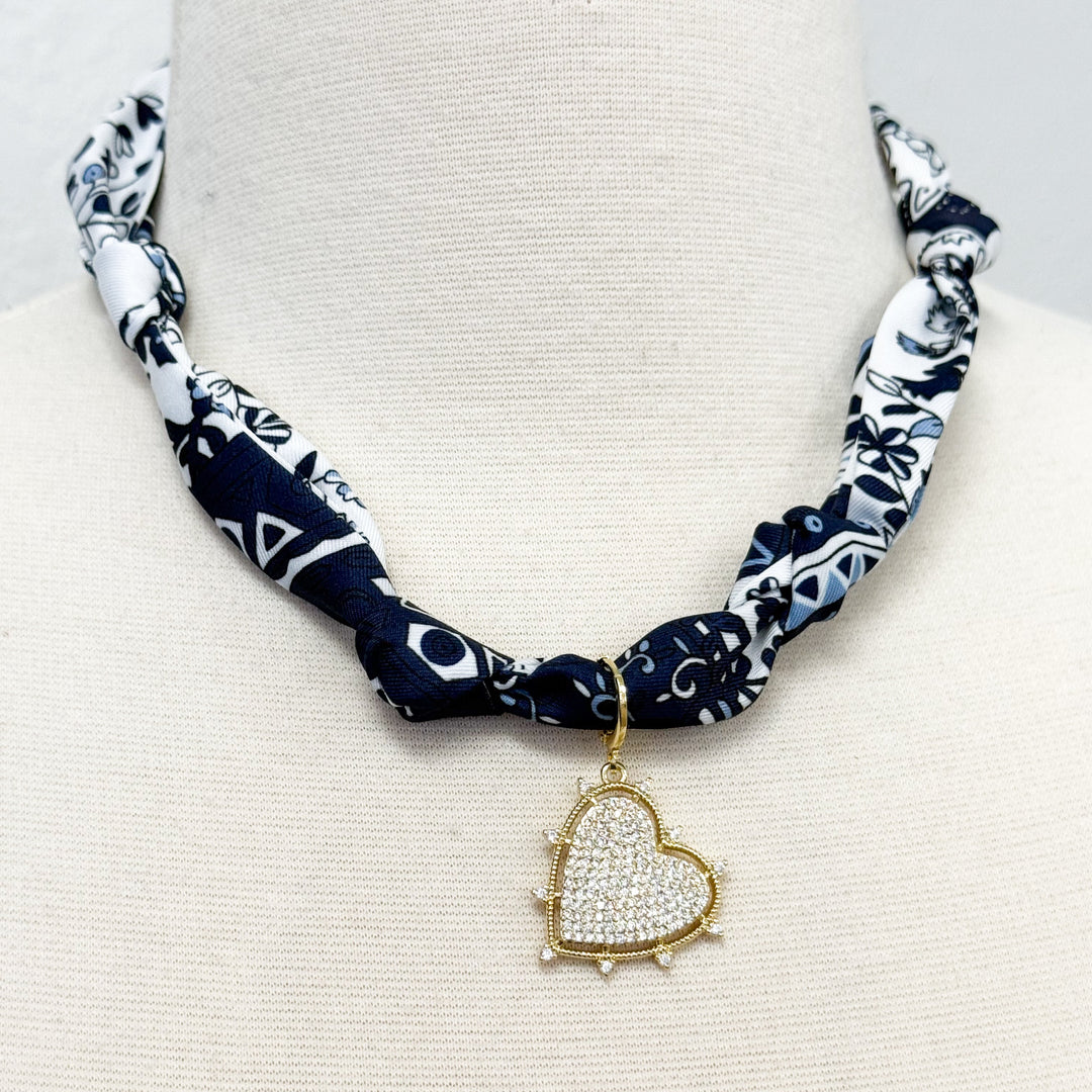 Gemelli - Rhinestone Edgy Heart Navy Knotted Scarf Necklace
