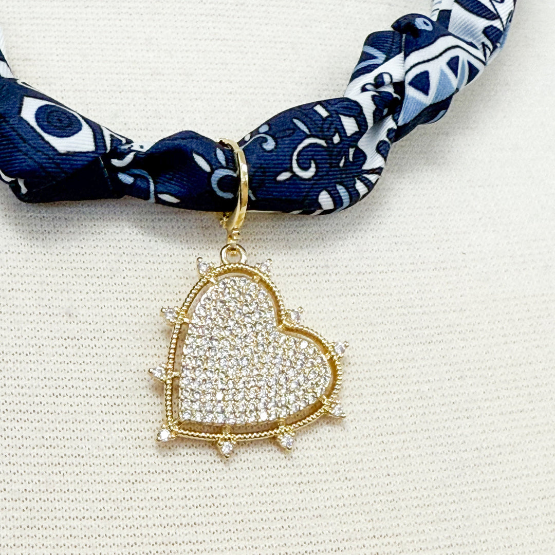 Gemelli - Rhinestone Edgy Heart Navy Knotted Scarf Necklace