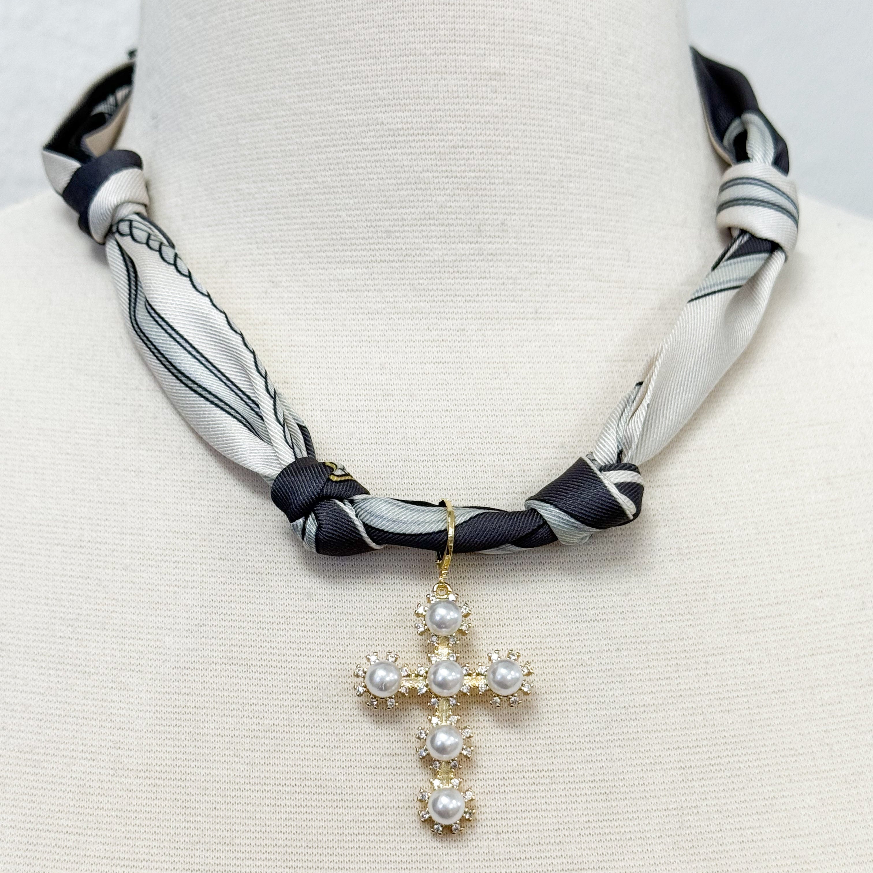 Gemelli - Pearl Cross Grey Knotted Scarf Necklace