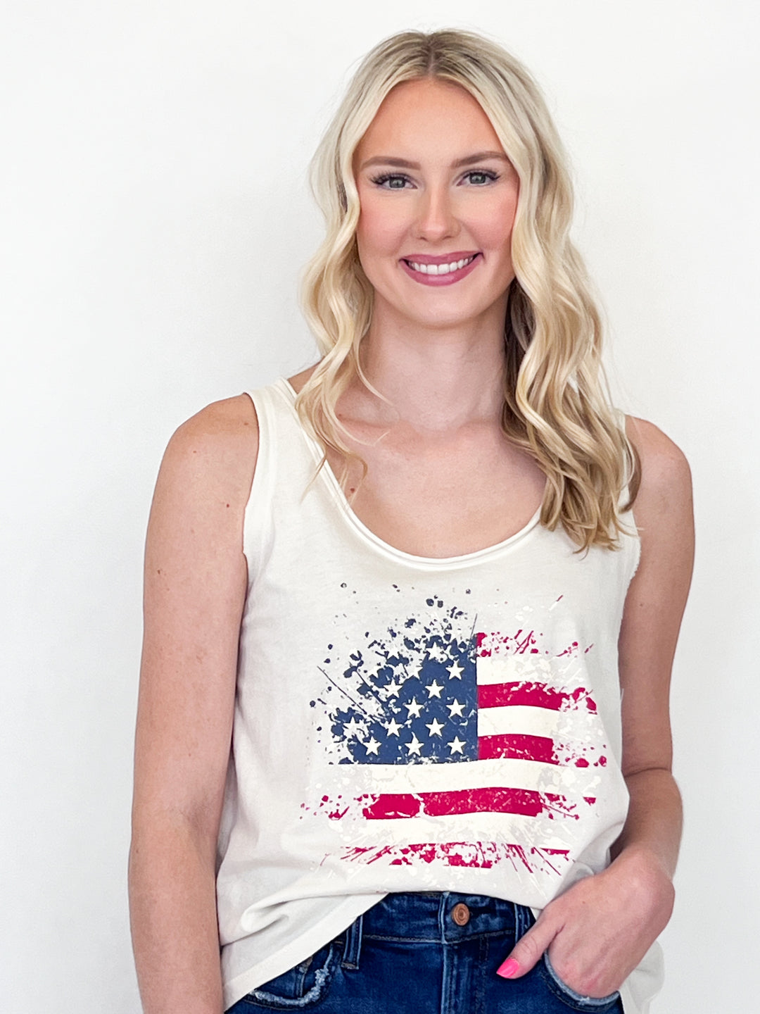 Abby - American Flag Splatter Scoop Neck Graphic Tank