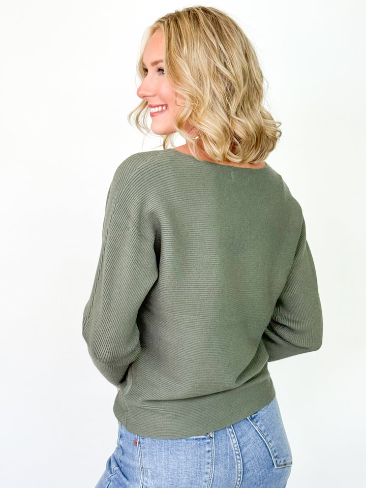 Paris - Wide Neck Ribbed Knit Sweater (Olive)