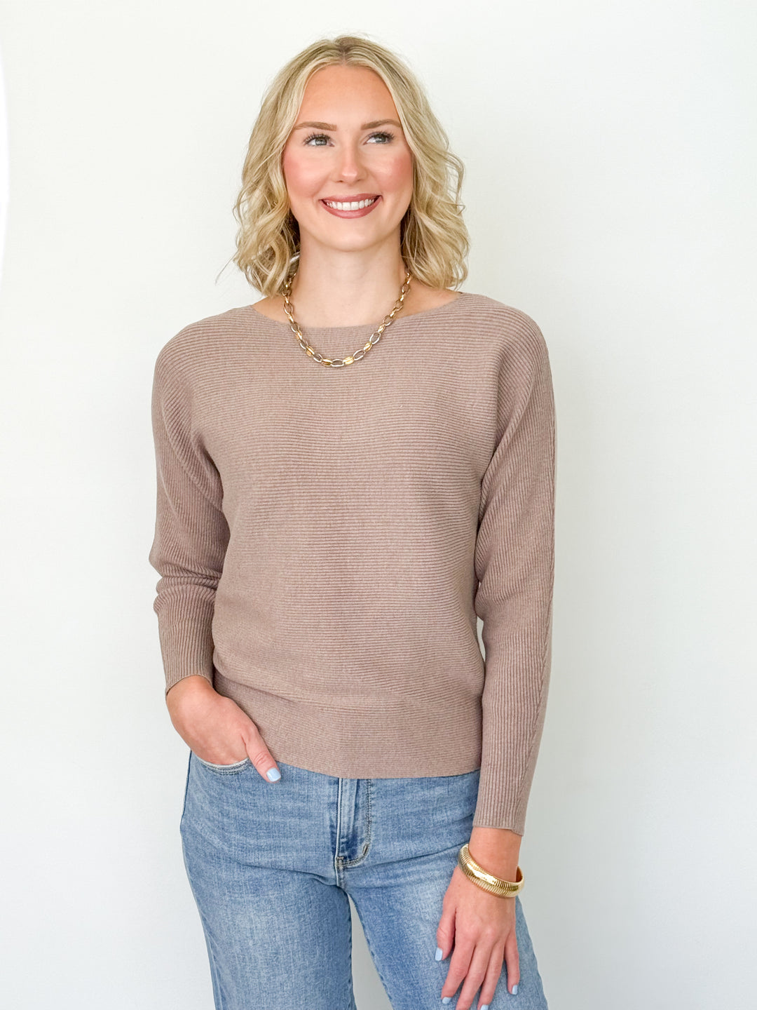 Paris - Wide Neck Ribbed Knit Sweater (Taupe)