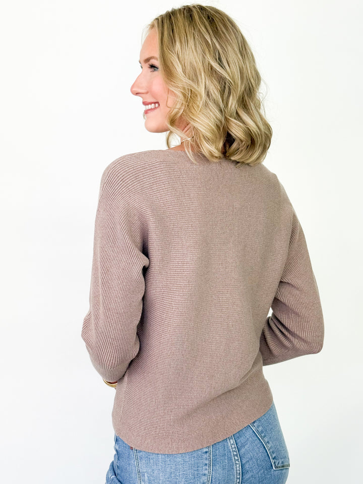 Paris - Wide Neck Ribbed Knit Sweater (Taupe)