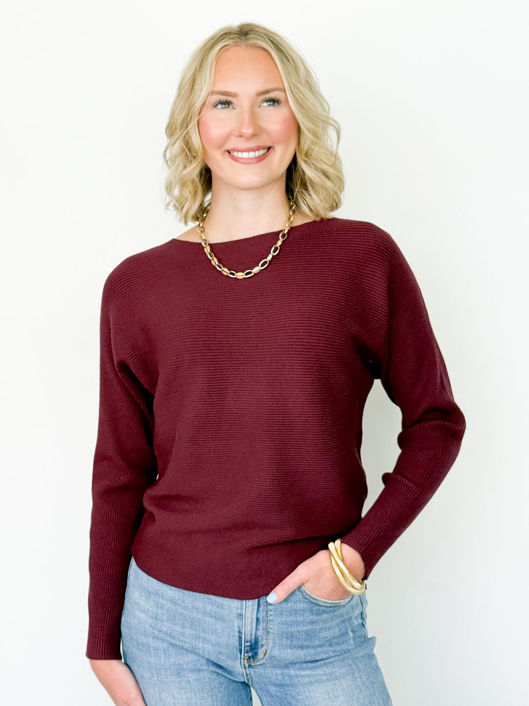 Paris - Wide Neck Ribbed Knit Sweater (Maroon)