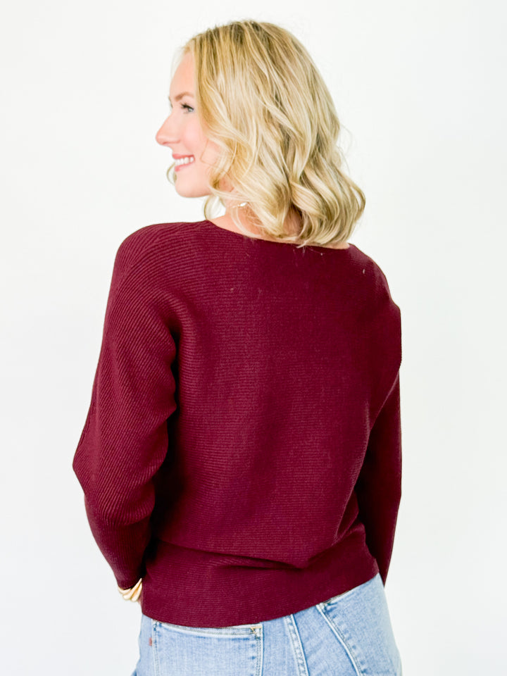 Paris - Wide Neck Ribbed Knit Sweater (Maroon)