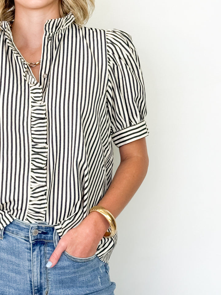 Stephanie - Ruffled Striped Button Up Top (Black)