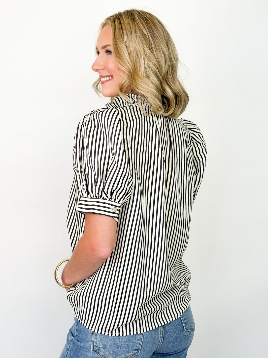 Stephanie - Ruffled Striped Button Up Top (Black)