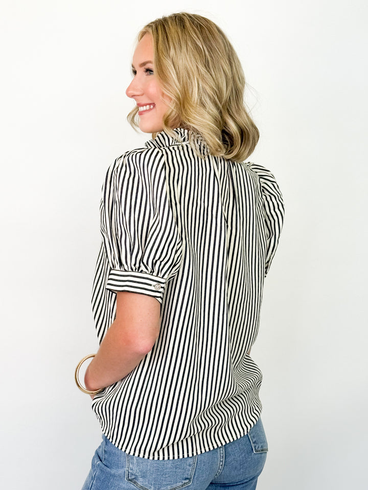 Stephanie - Ruffled Striped Button Up Top (Black)