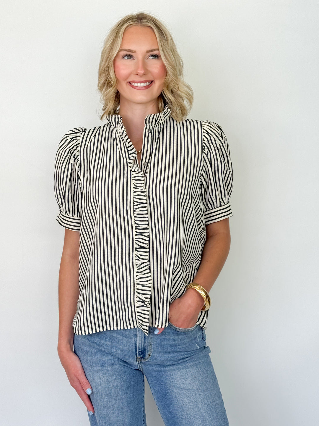 Stephanie - Ruffled Striped Button Up Top (Black)