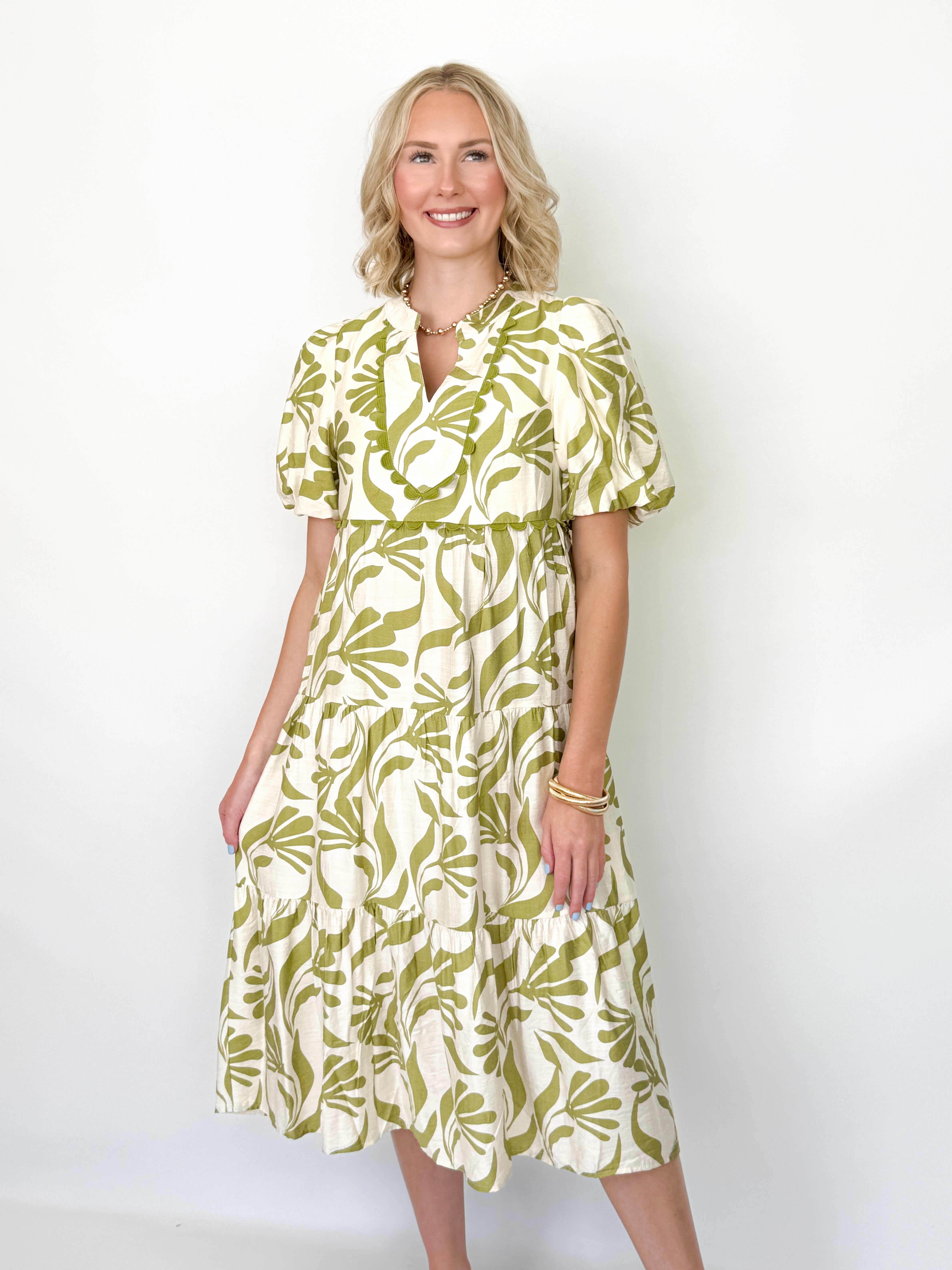 Rowan - Sage Green Printed Midi Dress