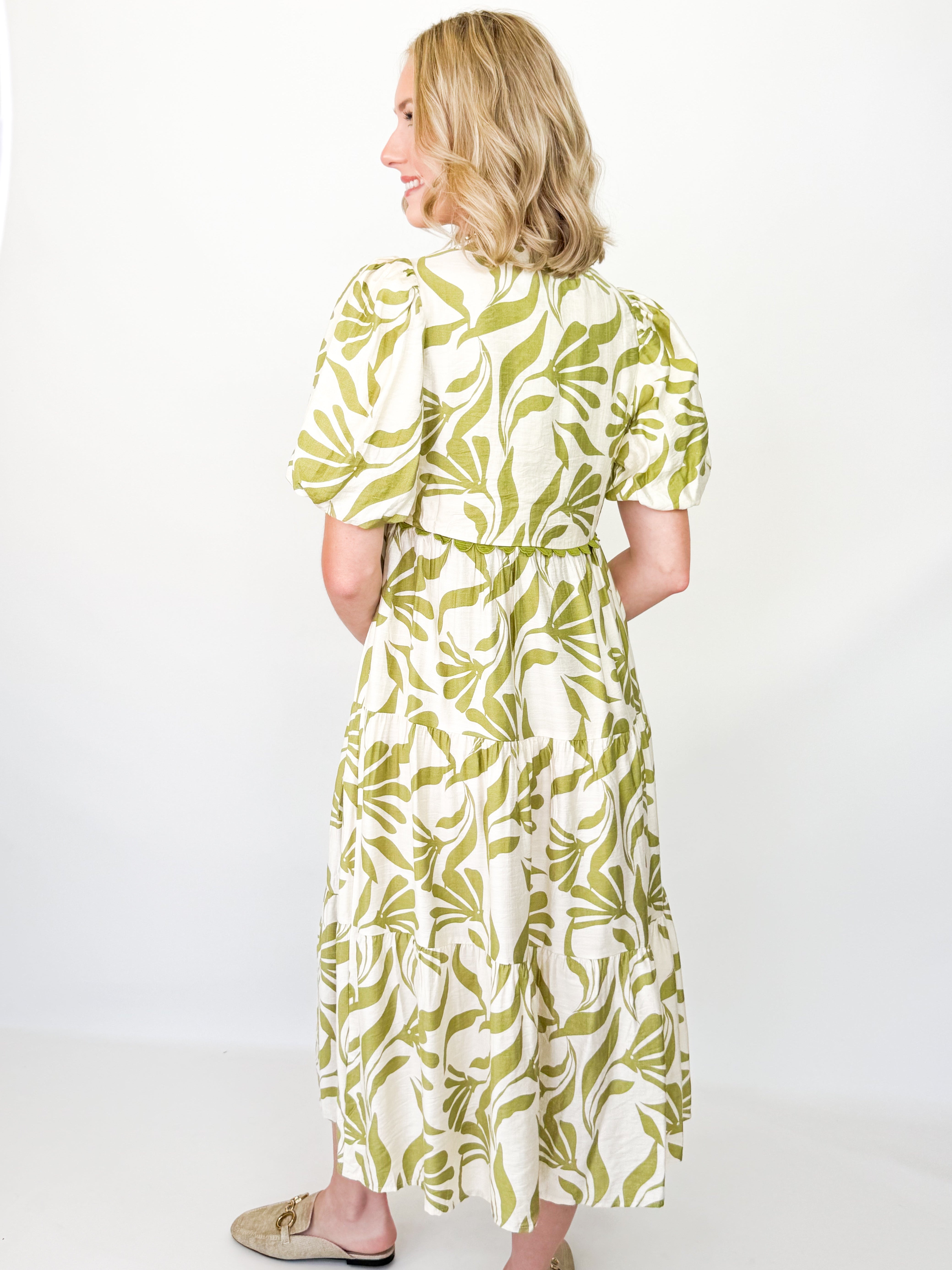 Rowan - Sage Green Printed Midi Dress