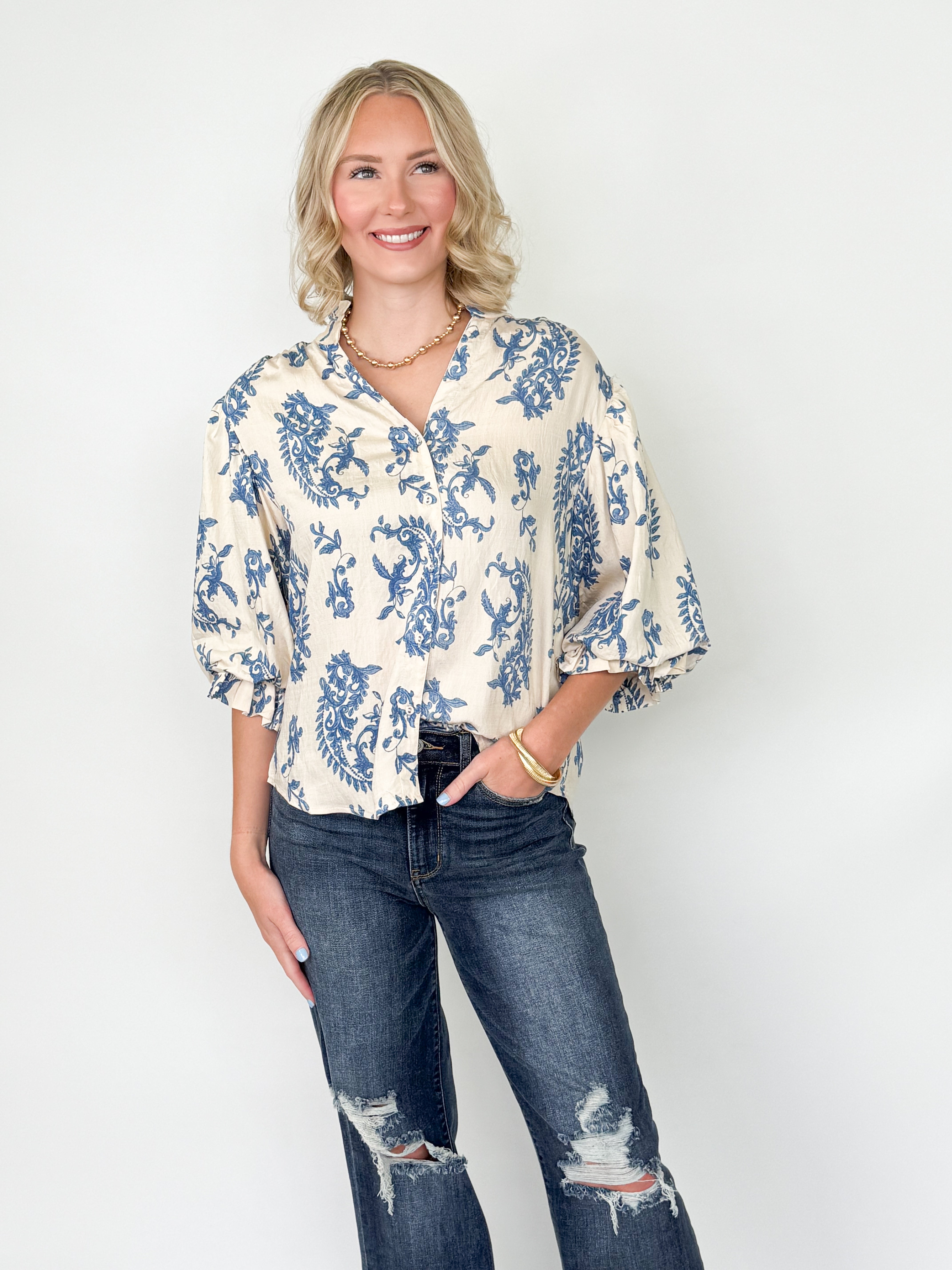 Jaylen - Printed 3/4 Sleeve Button Down Blouse (Blue)