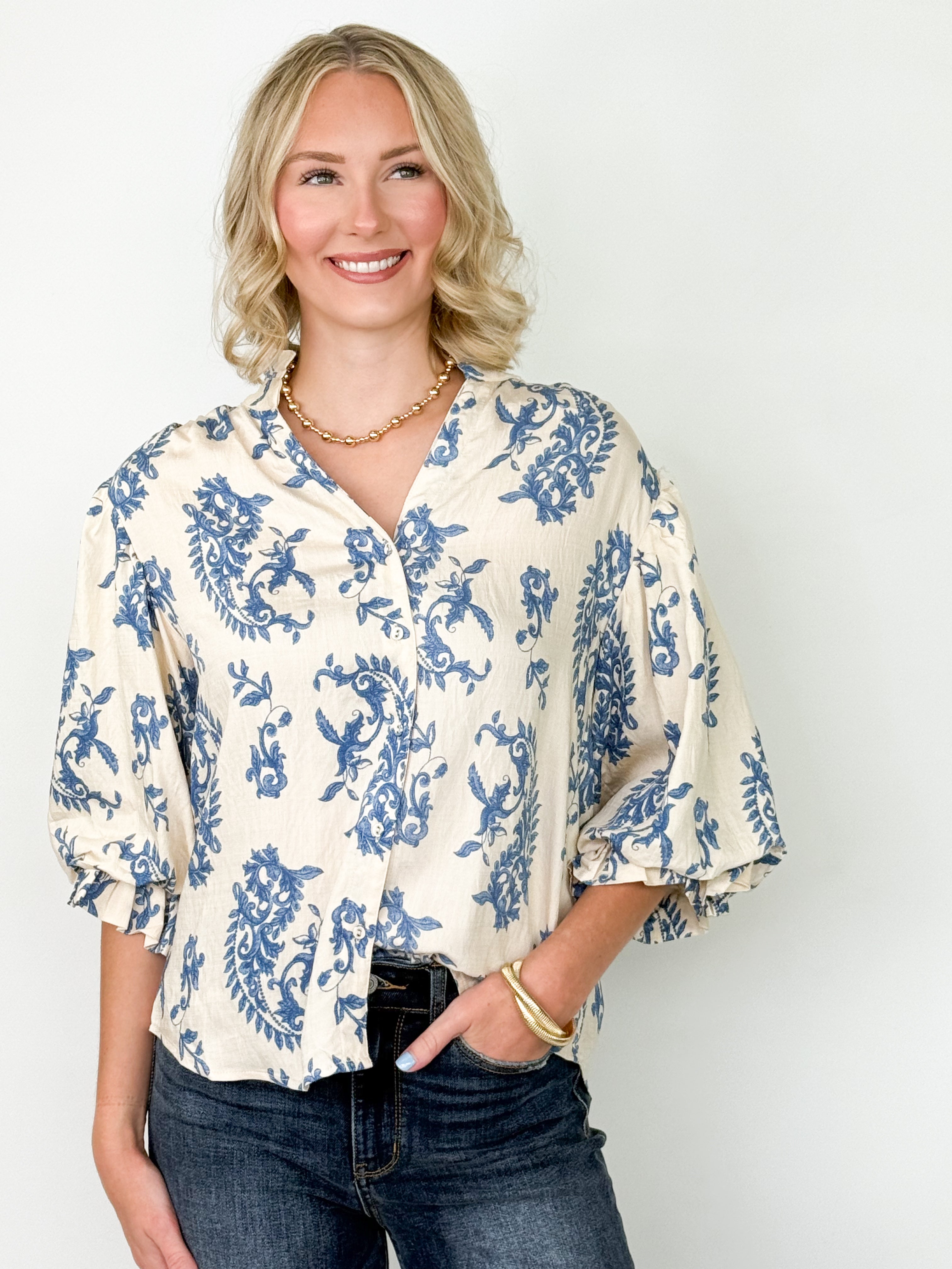 Jaylen - Printed 3/4 Sleeve Button Down Blouse (Blue)