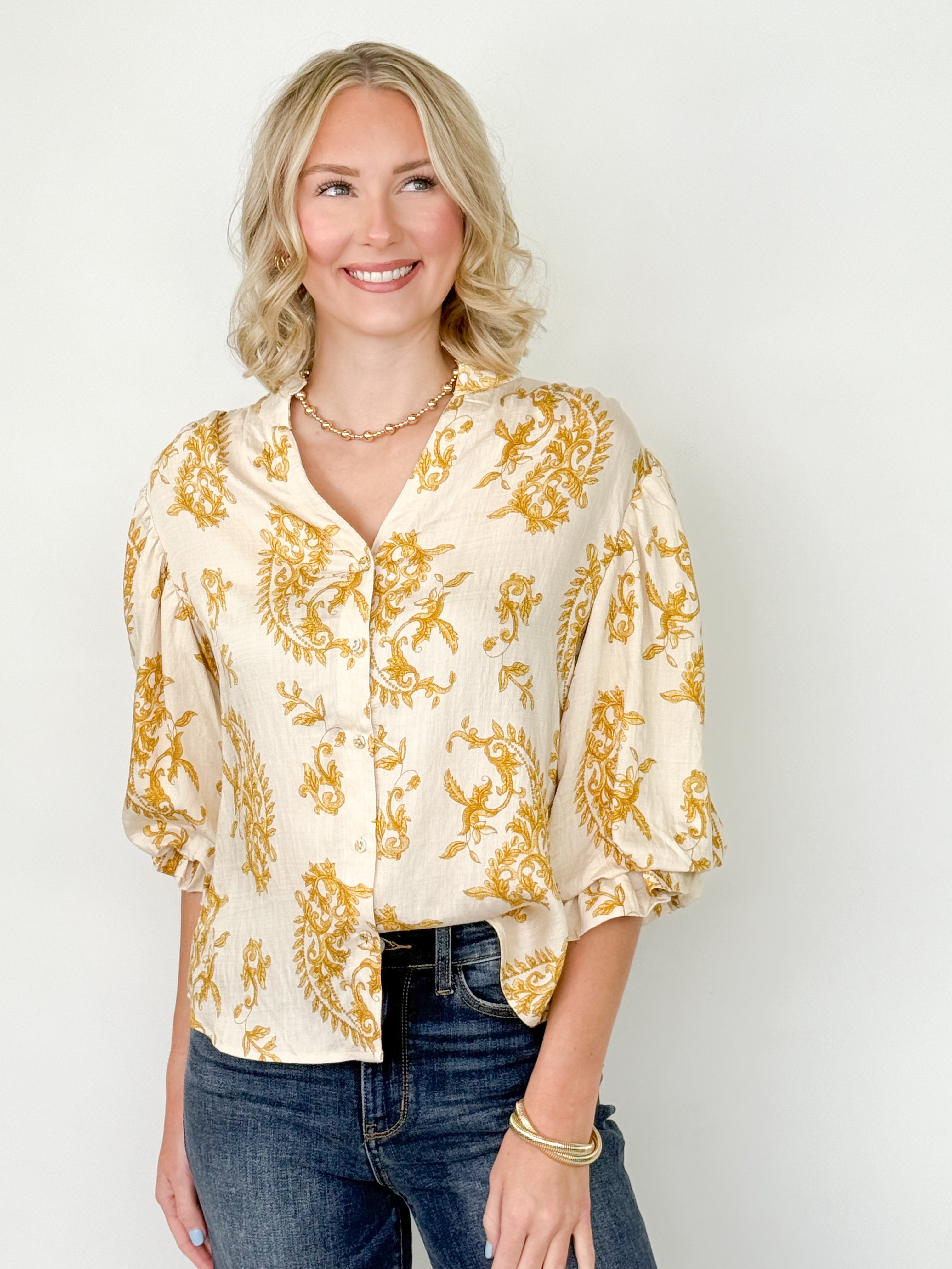 Jaylen - Printed 3/4 Sleeve Button Down Blouse (Mustard)