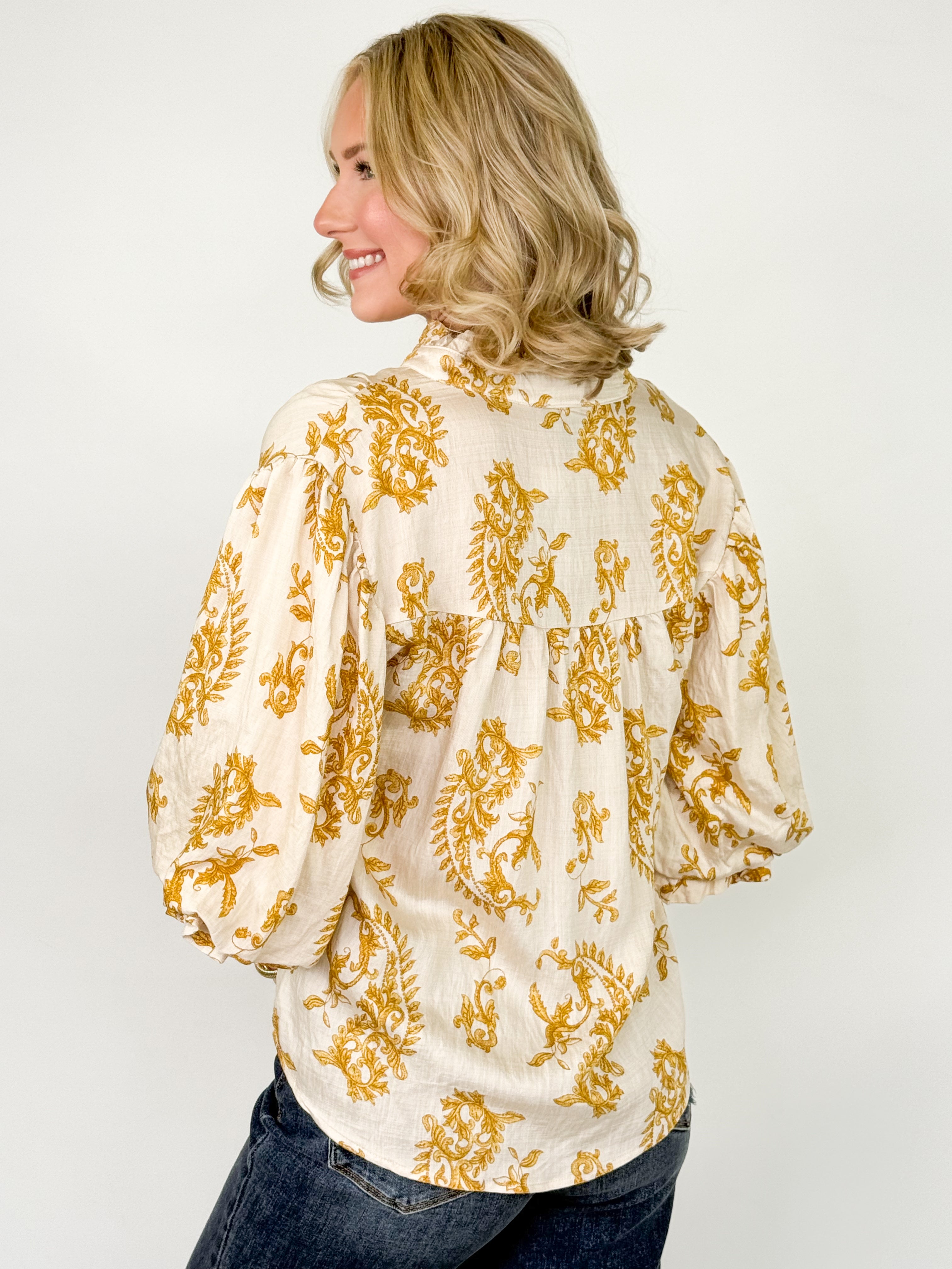 Jaylen - Printed 3/4 Sleeve Button Down Blouse (Mustard)