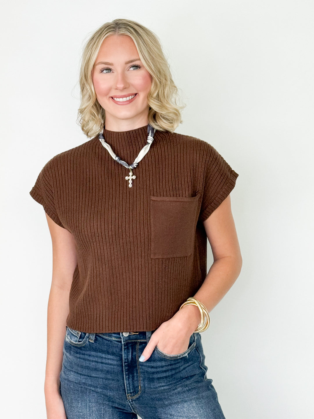 Sandra - Mock Neck Knit Top (Brown)