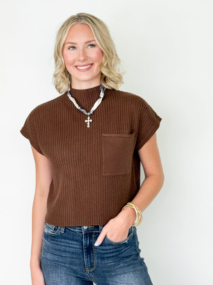 Sandra - Mock Neck Knit Top (Brown)