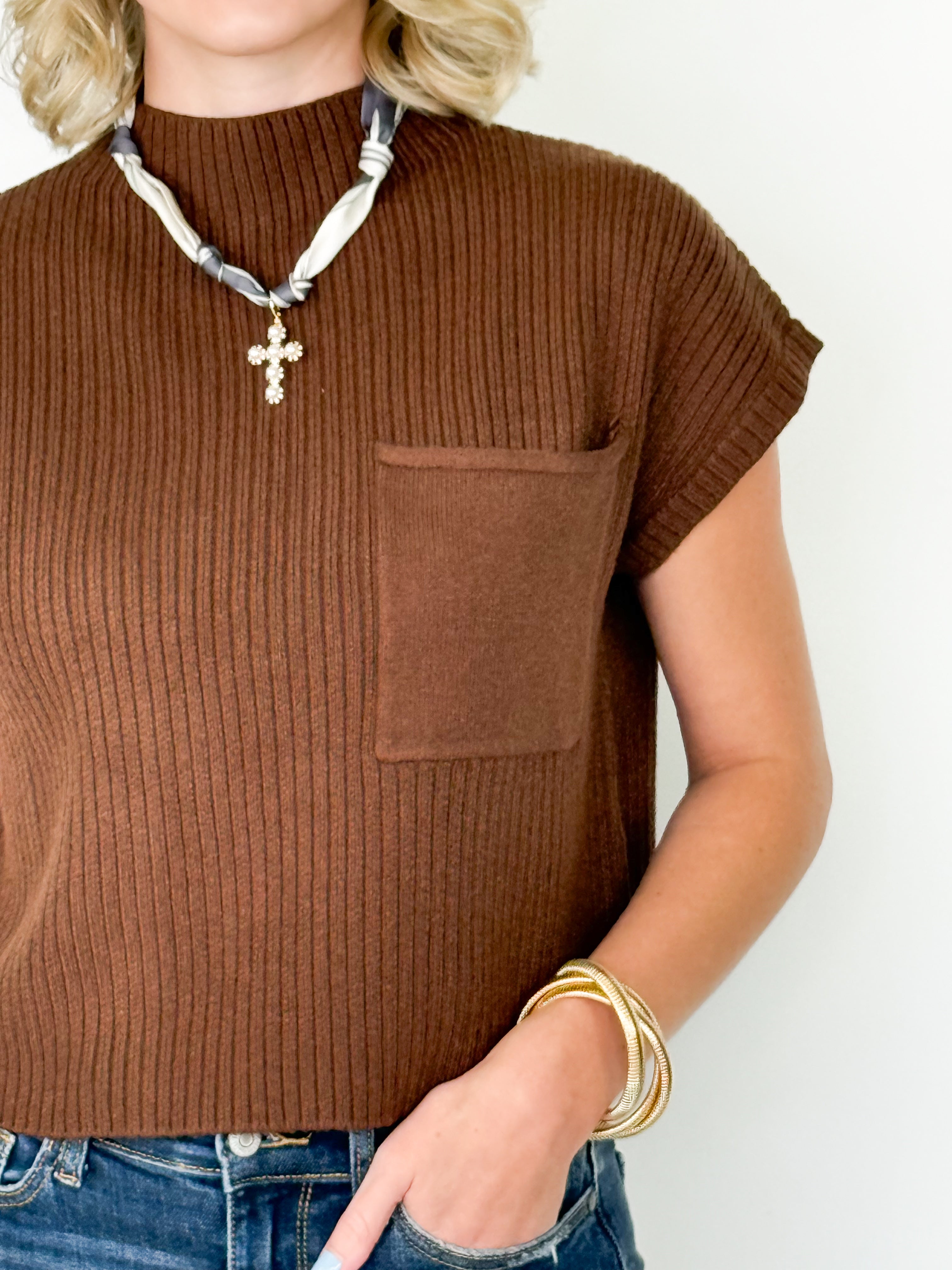 Sandra - Mock Neck Knit Top (Brown)