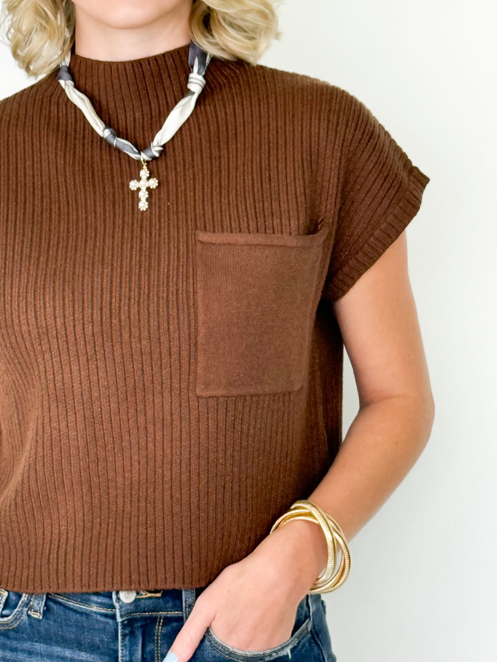 Sandra - Mock Neck Knit Top (Brown)
