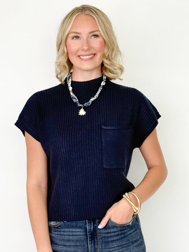 Sandra - Mock Neck Knit Top (Navy)