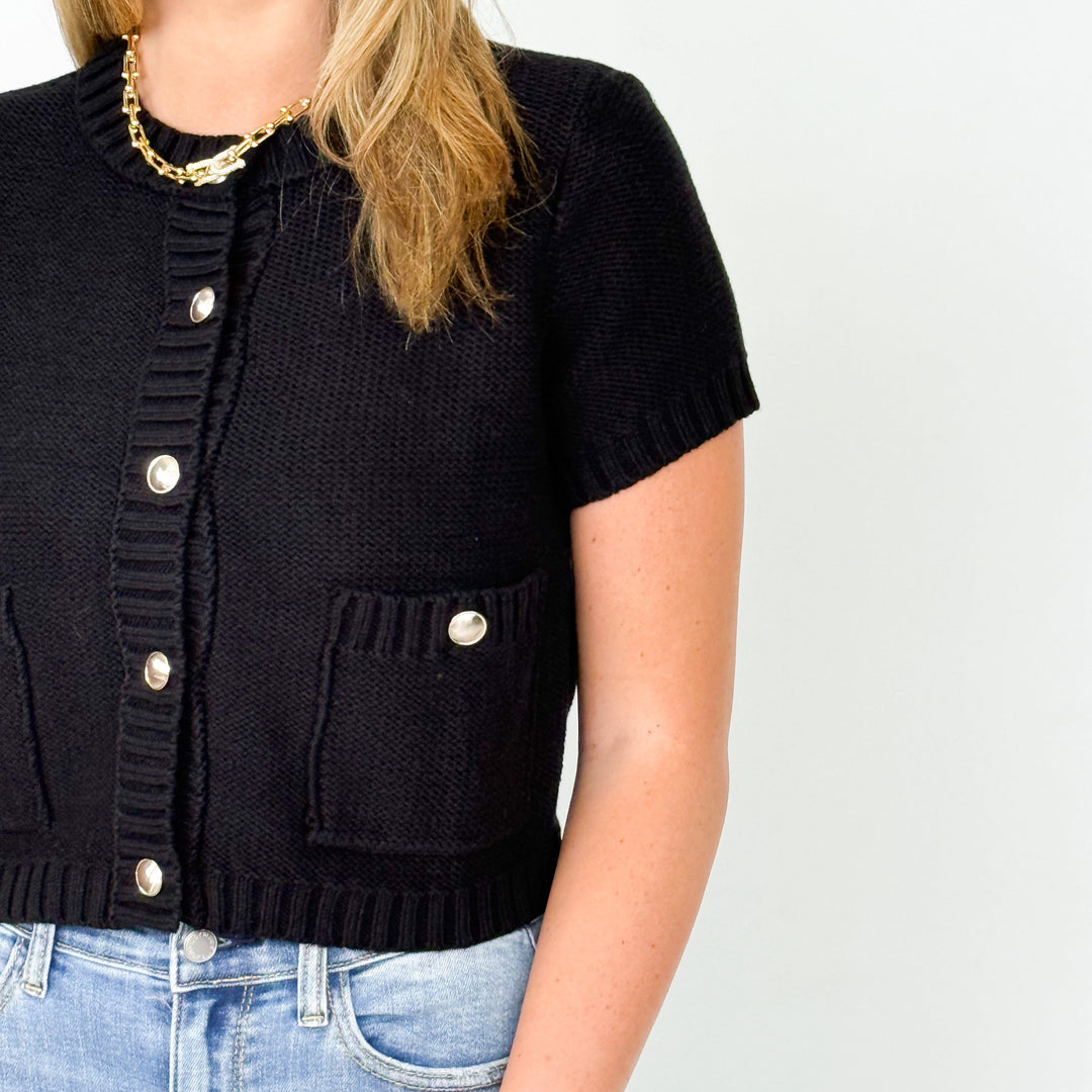 Livi - Gold Button Short Sleeve Knit Cardigan (Black)