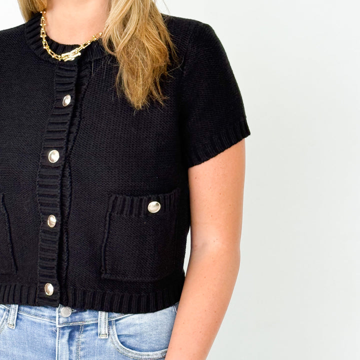 Livi - Gold Button Short Sleeve Knit Cardigan (Black)