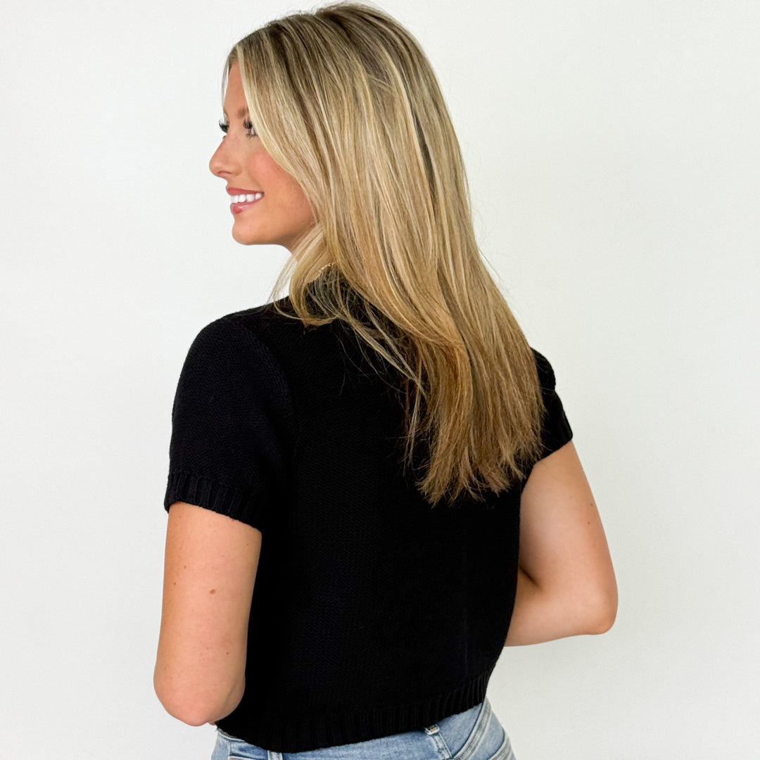 Livi - Gold Button Short Sleeve Knit Cardigan (Black)