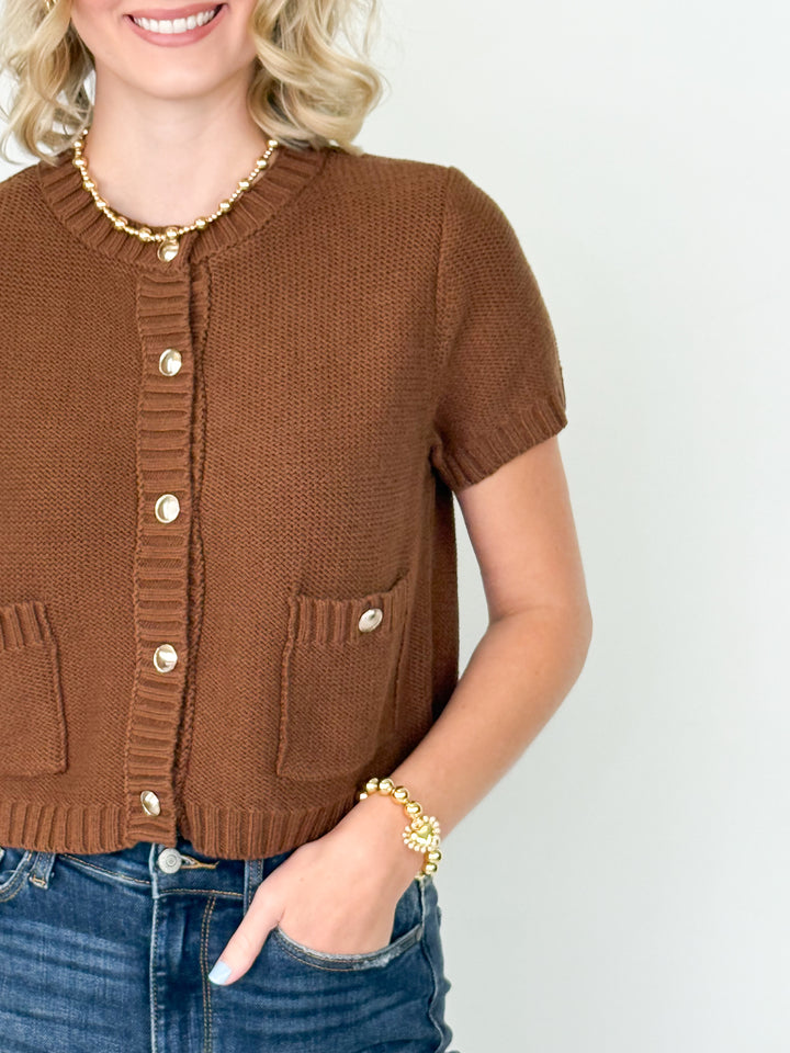 Livi - Gold Button Short Sleeve Knit Cardigan (Brown)