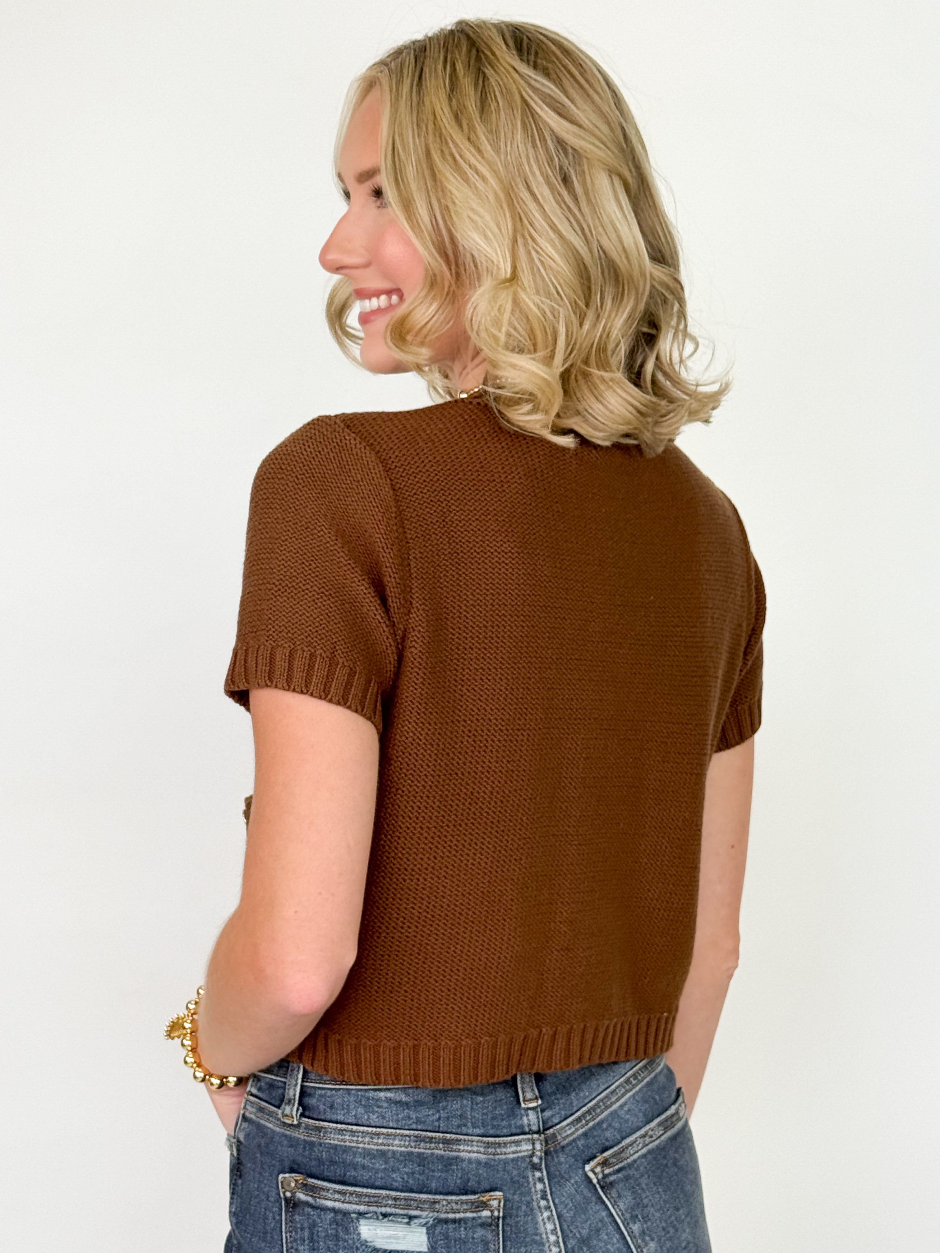 Livi - Gold Button Short Sleeve Knit Cardigan (Brown)