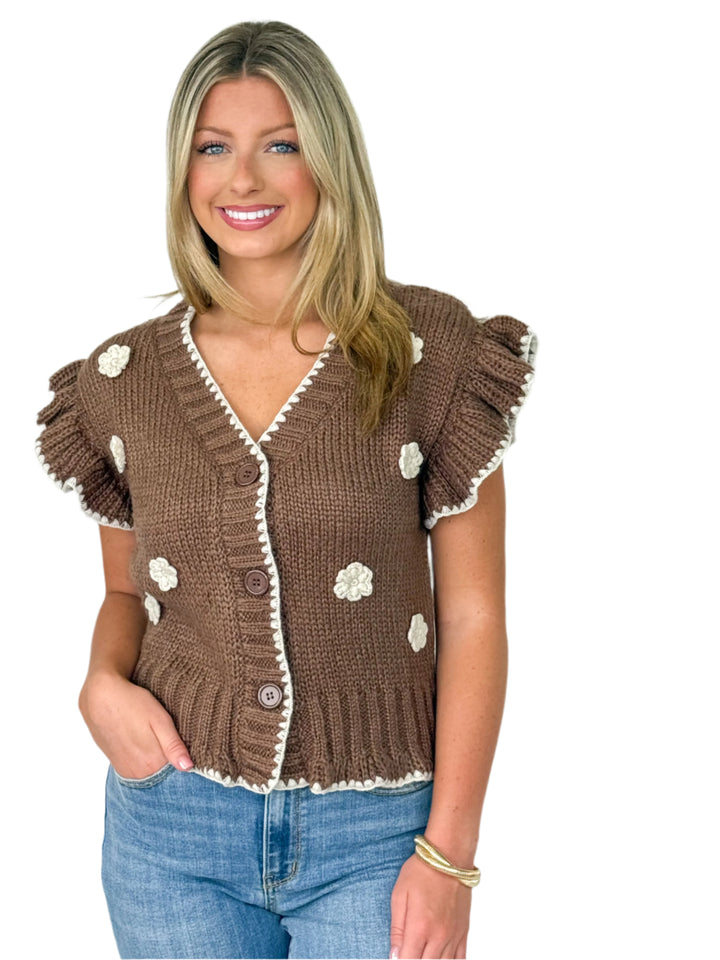 Vanessa - Crochet Flower Detail Ruffled Knit Cardigan