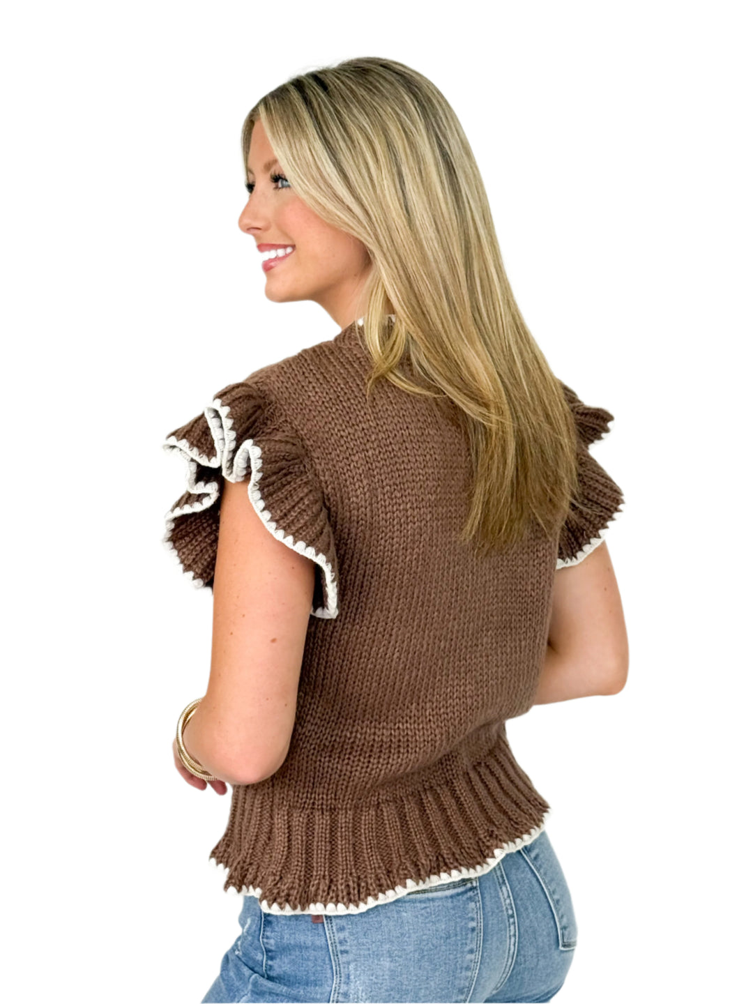 Vanessa - Crochet Flower Detail Ruffled Knit Cardigan